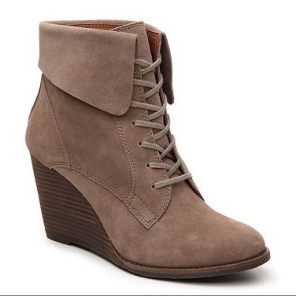 Lucky Brand Yuzu Wedge Ankle Boots Lace Up Taupe Sz 9